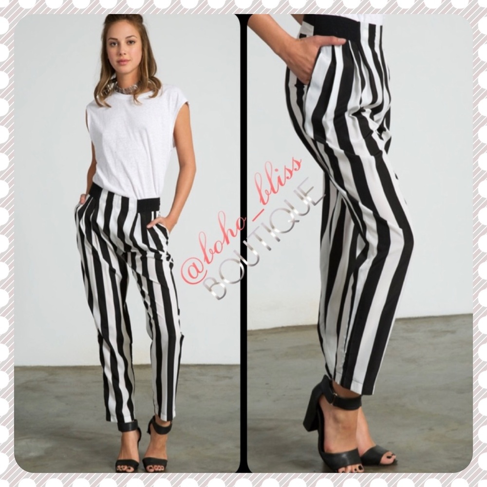 Vertical Striped Black & White Pleated Trouser Pants NEW